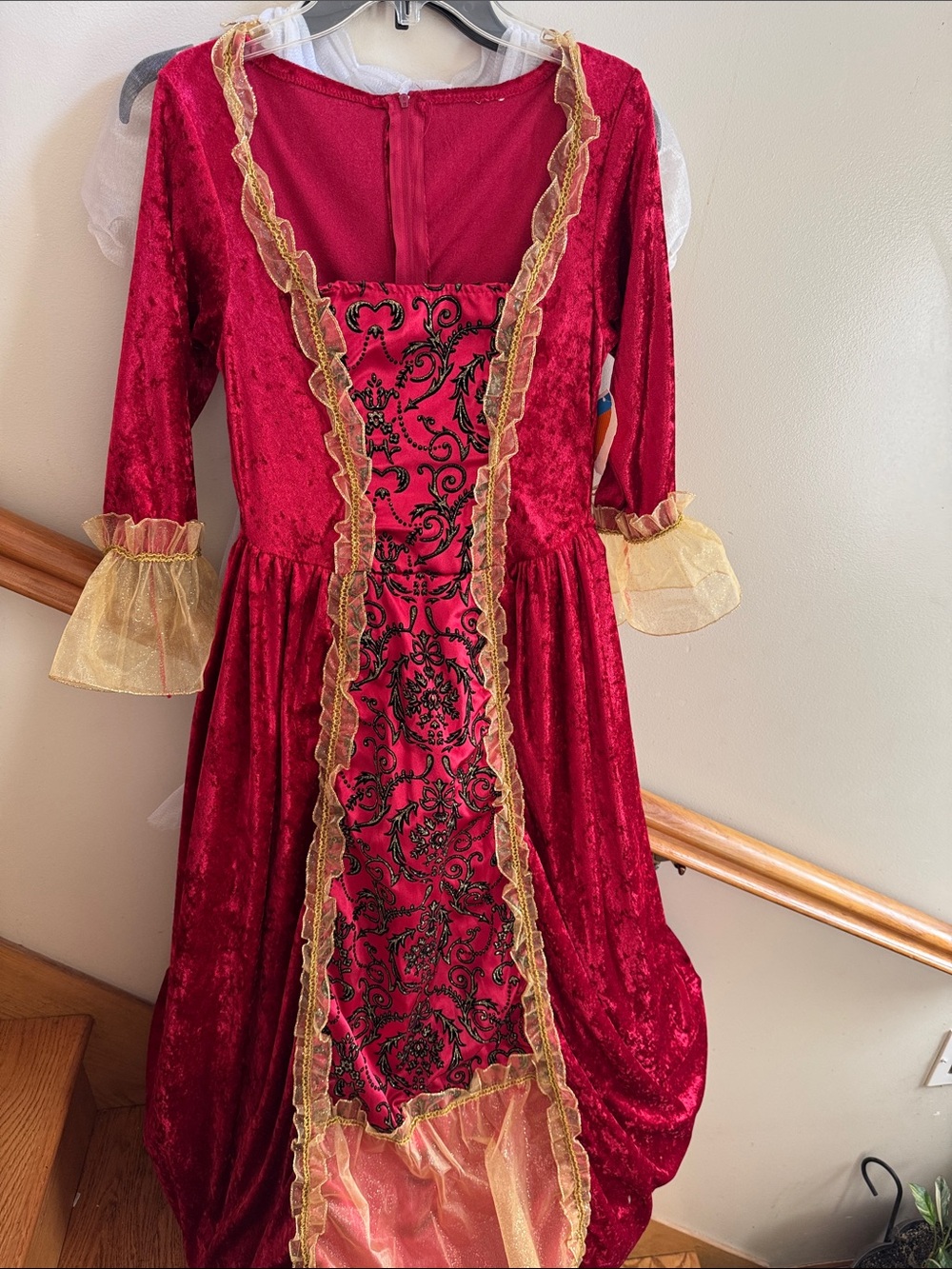 Girls' Red Velvet Princess Dress with Gold Trim